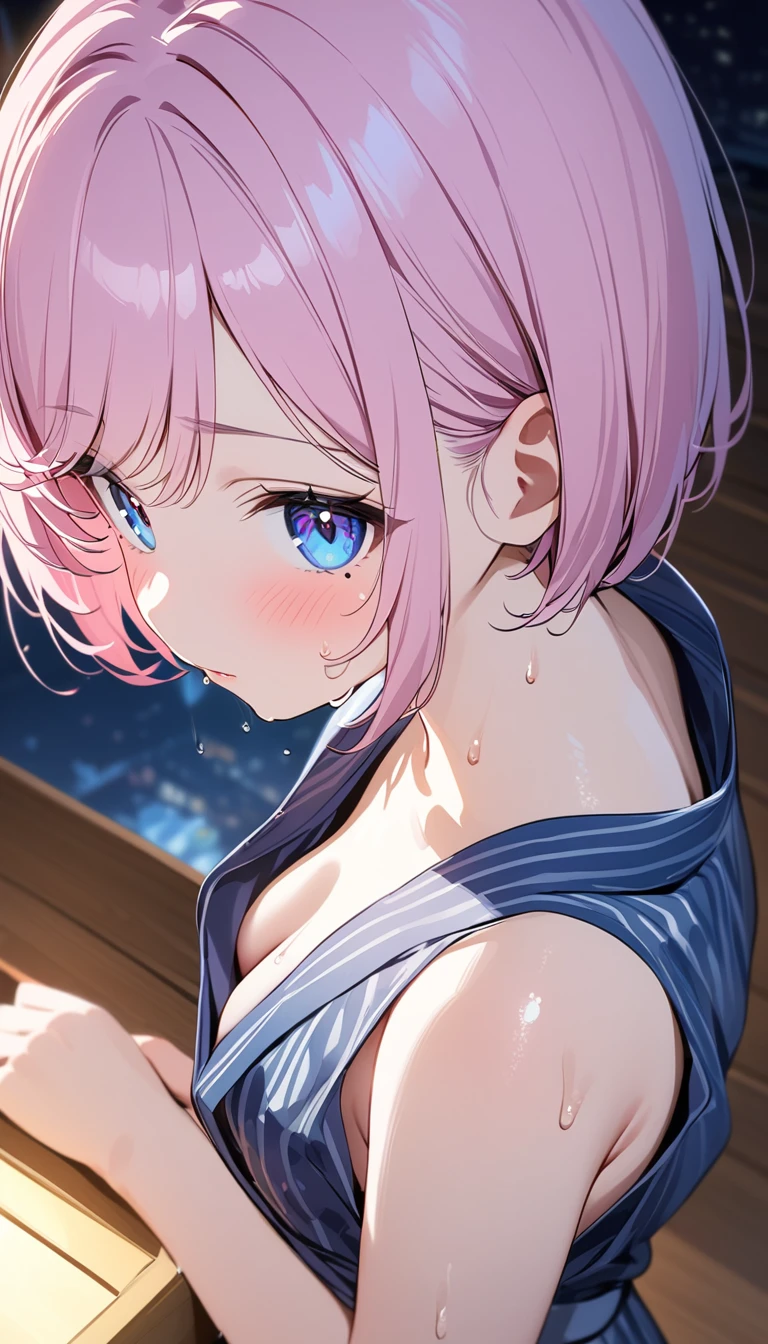 (1 girl),(Best Picture Quality, 8K, Masterpiece:1.3), (high school student:1.5), ((pink lob hair:1.1)), (bob cut),(swept bangs), (cute eyes, pupil black, iris skyblue, youthful face), (mole under right eye), (standard weight), (small breasts), (glistening skin:1.1),(pale skin:1.2),(hand on own nape),((yukata)),(portrait),((sweat:1.3)),(from above:1.2),(Nipple Slip),(night),