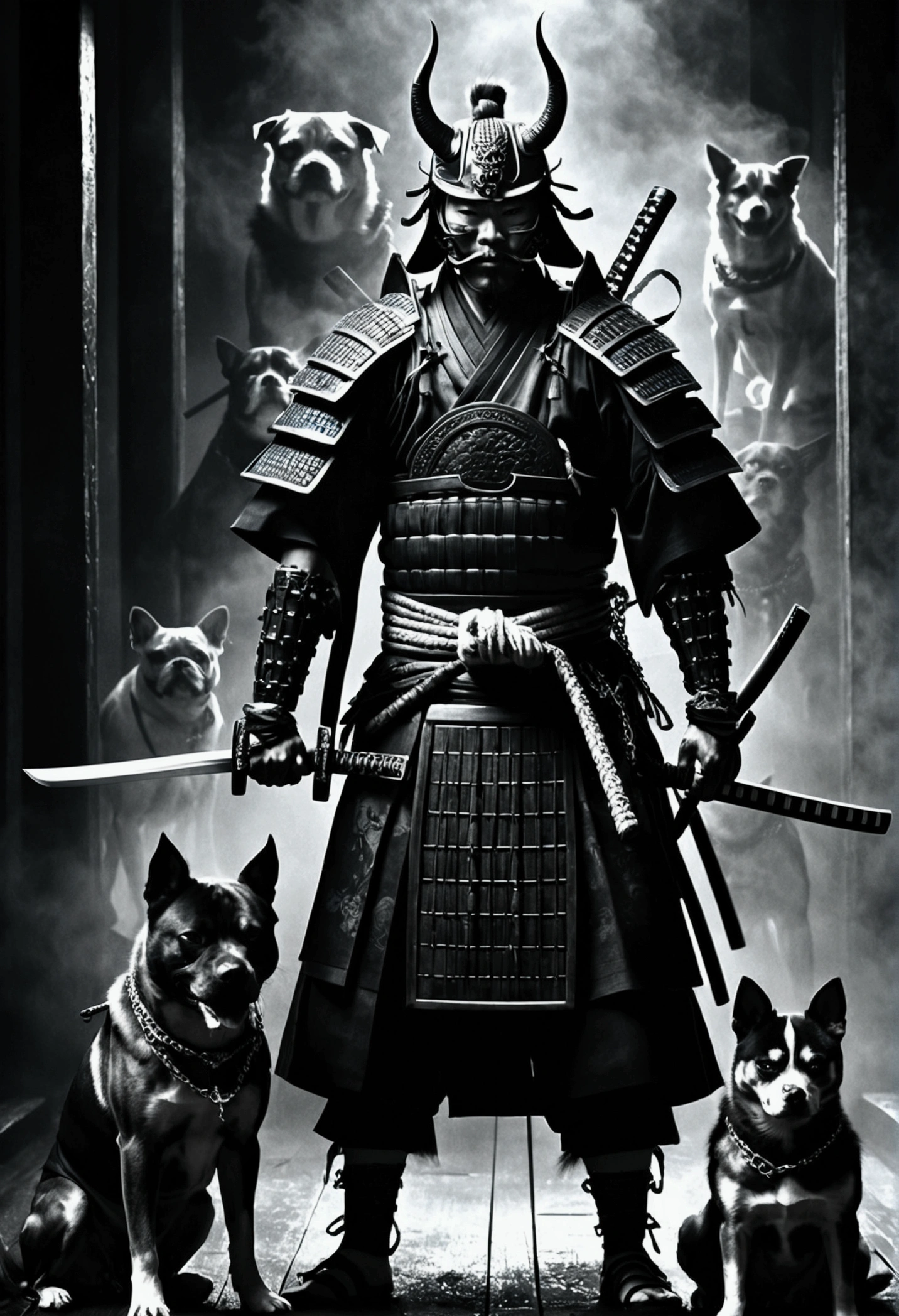 stunning japanese samurai in demon mask, full body, katana, holding chained dogs, dark painting, dark fantasy, mist, dust, monochrome, (best quality,4k,8k,highres,masterpiece:1.2),ultra-detailed,(realistic,photorealistic,photo-realistic:1.37),dramatic lighting,atmospheric,moody,cinematic,intricate details,dramatic pose,powerful presence,menacing aura,ominous,gothic,dark tones,deep shadows,chiaroscuro,dramatic contrast