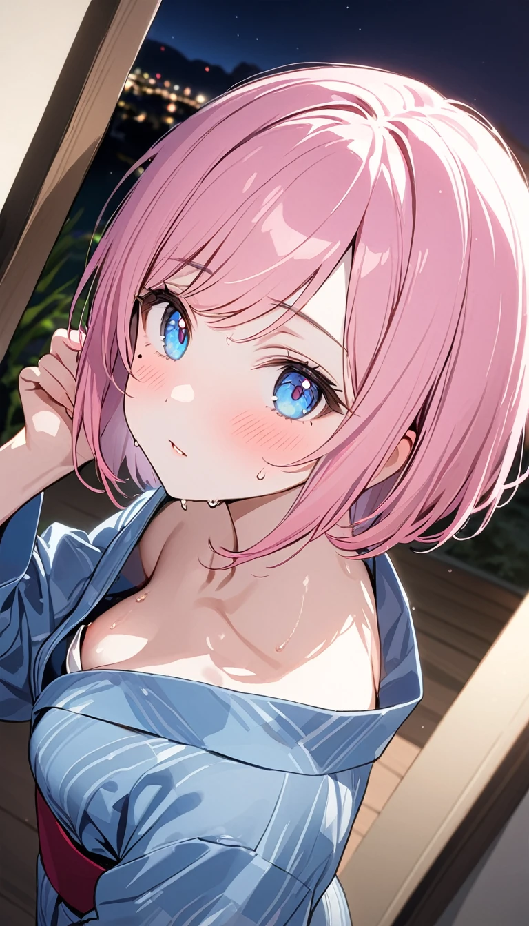 (1 girl),(Best Picture Quality, 8K, Masterpiece:1.3), (high school student:1.5), ((pink lob hair:1.1)), (bob cut),(swept bangs), (cute eyes, pupil black, iris skyblue, youthful face), (mole under right eye), (standard weight), (small breasts), (glistening skin:1.1),(pale skin:1.2),(hand on own nape),((yukata)),(portrait),((sweat:1.3)),(from above:1.2),(Nipple Slip),(night),