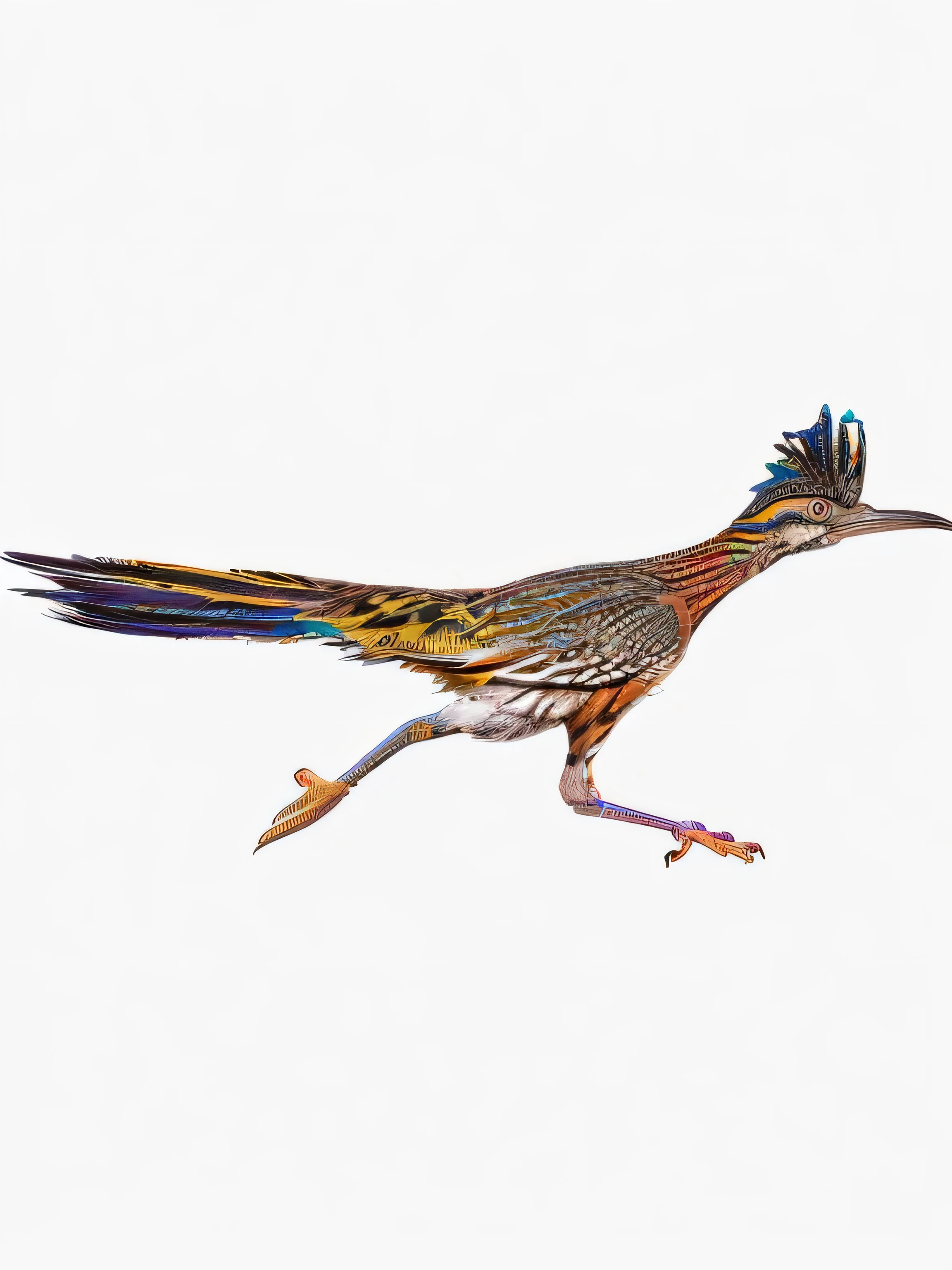 arafed roadrunner with a blue and yellow head and tail, colorful bird with a long, a phoenix, garrulus glandarius, by Egbert van der Poel, feathers exotic morphing hoopoe, ophanim has bird wings, an illustration of, a surrealistic bird, hd illustration, sharp foccus ilustration, photoreal”