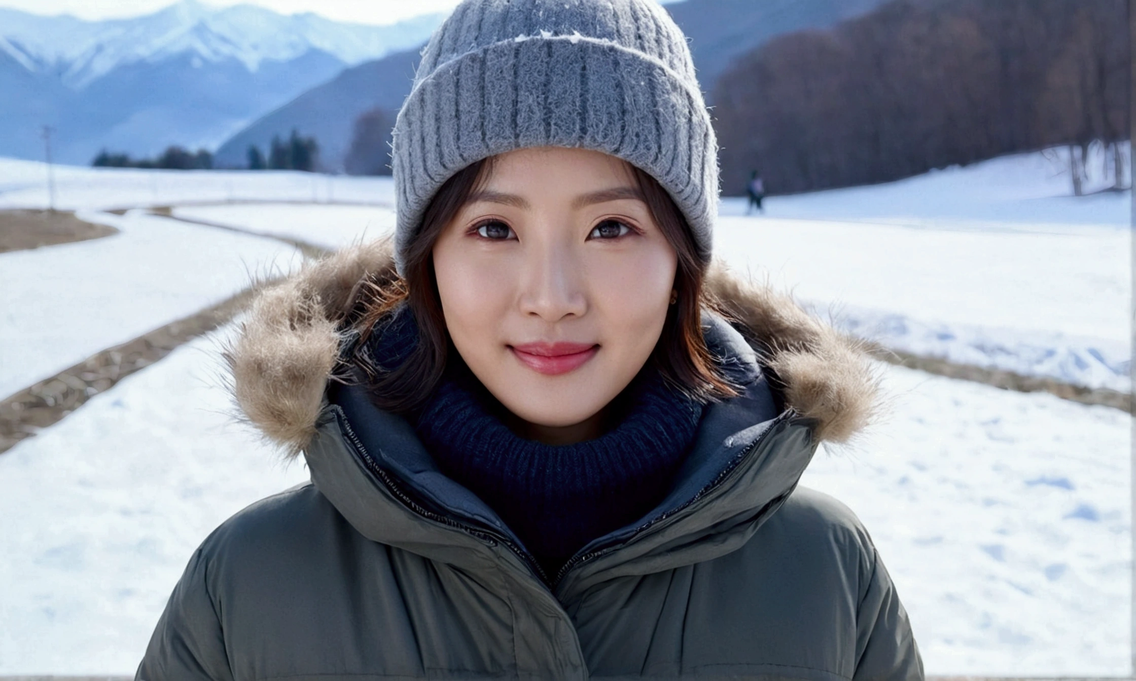 beautiful korean girl、Inspired by Kim Ji-won, a Korean actress in her 50s, A beautiful woman like a movie star, Canon camera 16-35 wide angle lens shows waist, padded parka. thick muffler、short medium hair, gray muffler, Switzerland's Jungfrau snowfield can be seen in the distance, Small wrinkles appear around the eyes. Smiling slightly, I wore a beanie, Show your waist, Standing on white snow