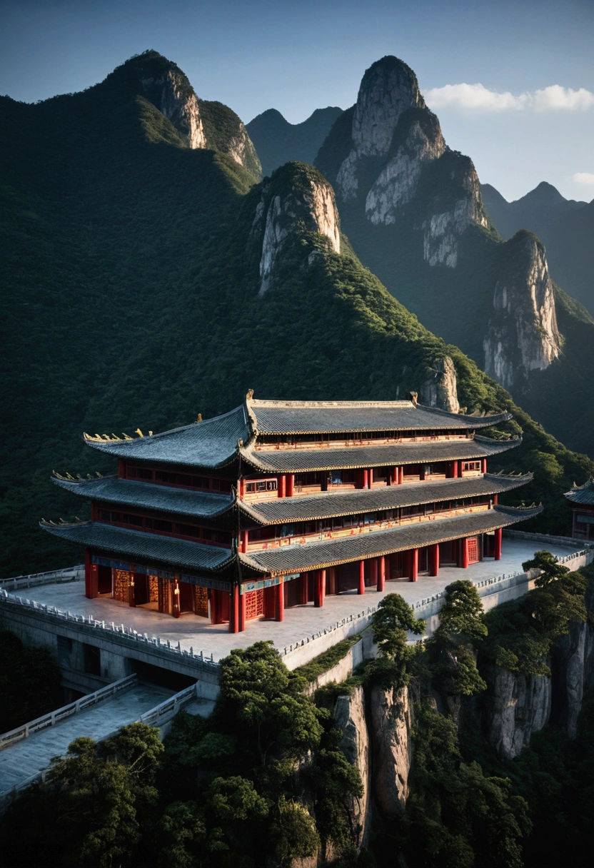 Chinese Modern Building with mountains in background, Epic, Cinematic. best quality, ultra high res, (photorealistic:1.4),, high resolution, detailed, raw photo, sharp re, by lee jeffries nikon d850 film stock photograph 4 kodak portra 400 camera f1.6 lens rich colours hyper realistic lifelike texture dramatic lighting unrealengine trending on artstation cinestill 800,