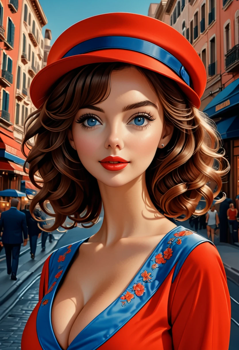(best quality,4k,8k,highres,masterpiece:1.2),ultra-detailed,(realistic,photorealistic,photo-realistic:1.37),wes anderson style photo,35mm film,girl dressed in red with blue shoes and hat,golden light,serene faces,distinctive noses,cityscape photographer,curly hair,young. cleavage, Masiela Lusha