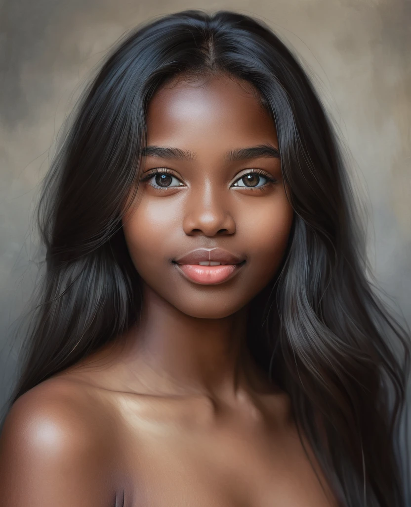 Portrait of a beautiful girl, 17 years old, soft smile, large lips, long dark hair, dark skin, grey eyes, realism, digital painting, concept art, smooth, sharp focus, rule of thirds, 35 mm, naked full body