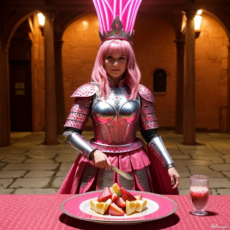 A Strawberry Knight (female, strawberry like face, strawberry themed and decorated plate mail (electric pink tint), strawberry decorated sword) standing at attention by the pineapple king, fruit salad city medieval themed
