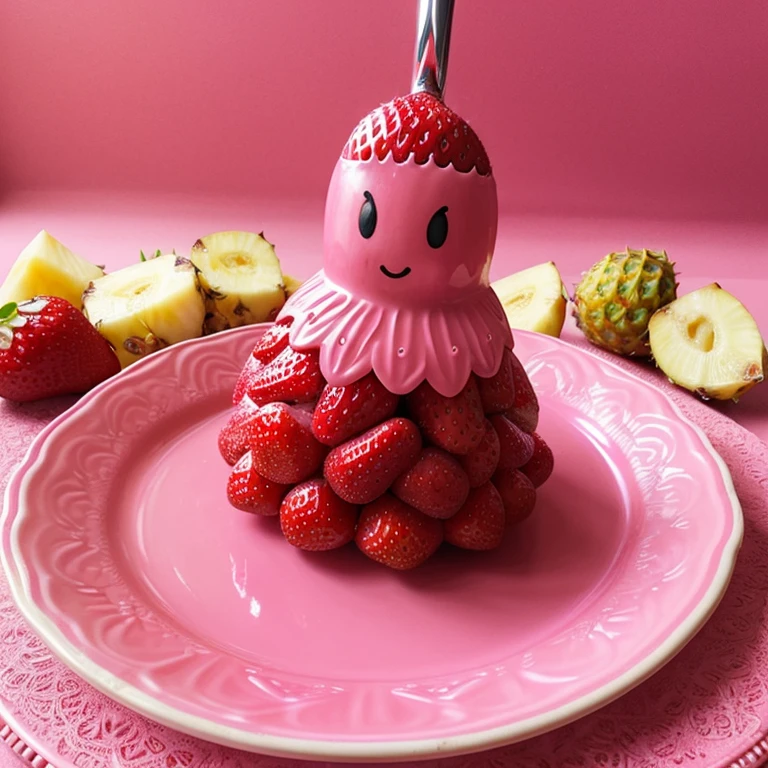 A Strawberry Knight (female, strawberry like face, strawberry themed and decorated plate mail (electric pink tint), strawberry decorated sword) standing at attention by the pineapple king, fruit salad city medieval themed