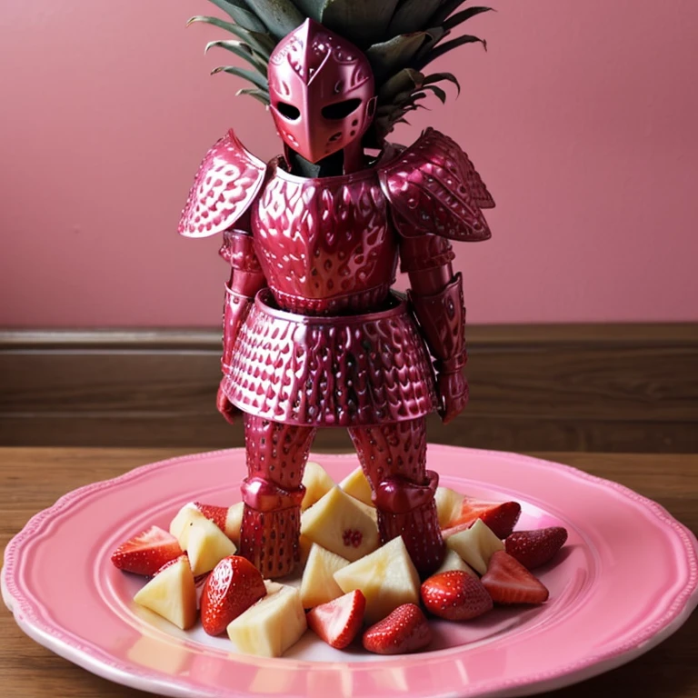 A Strawberry Knight (female, strawberry like face, strawberry themed and decorated plate mail (electric pink tint), strawberry decorated sword) standing at attention by the pineapple king, fruit salad city medieval themed