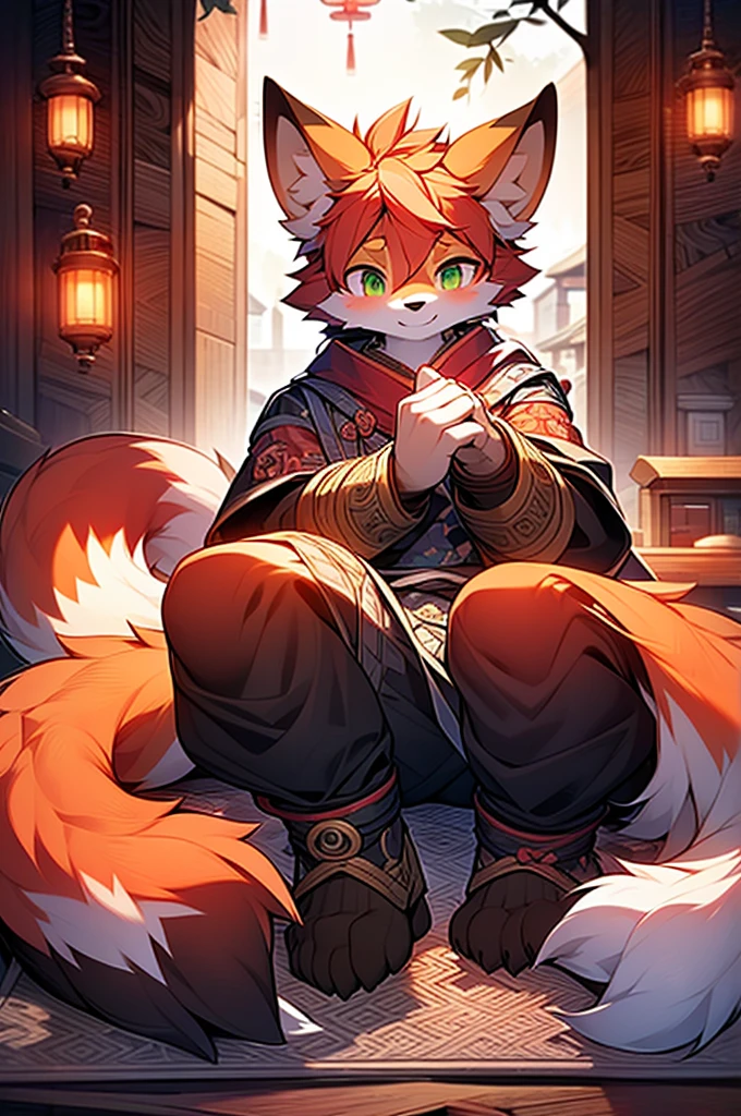 8k, Super Detail, precise, best quality,An 18-year-old fox boy sits on a mat in a teahouse,Green eyes,Flame-shaped pattern on arms,There is a fire spirit mark on the forehead,There are reddish-orange hairs, Rich plush texture, Delicate hair, Animal anthropomorphism, Fluffy fox tail, Fox ears,Wear loose Chinese clothing, Handsome face,Boys,Fine details