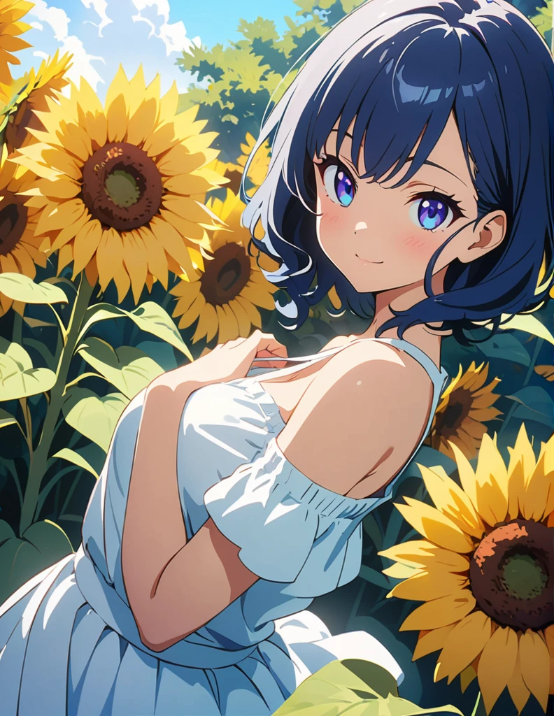 (anime artwork, anime style, studio anime, very detailed, up to date, vibrant, Anime Coloring, high contrast, masterpiece:1.2, best quality, best aesthetics),{{774inc}},{{souya ichika}},{{summer clothes}},1 girl,blue hair,light smile,sunflower park,sexy pose,cat ear,ultra-detailliert