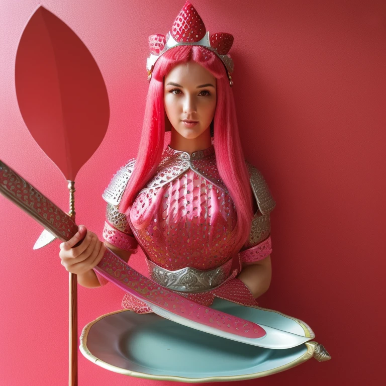 A Strawberry Knight (female, strawberry like face, strawberry themed and decorated plate mail (electric pink tint), strawberry decorated sword) standing at attention by the pineapple king, fruit salad city medieval themed
