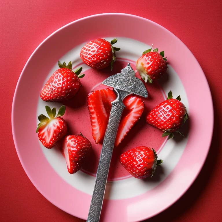 A Strawberry Knight (female, strawberry like face, strawberry themed and decorated plate mail (electric pink tint), strawberry decorated sword) standing at attention by the pineapple king, fruit salad city medieval themed