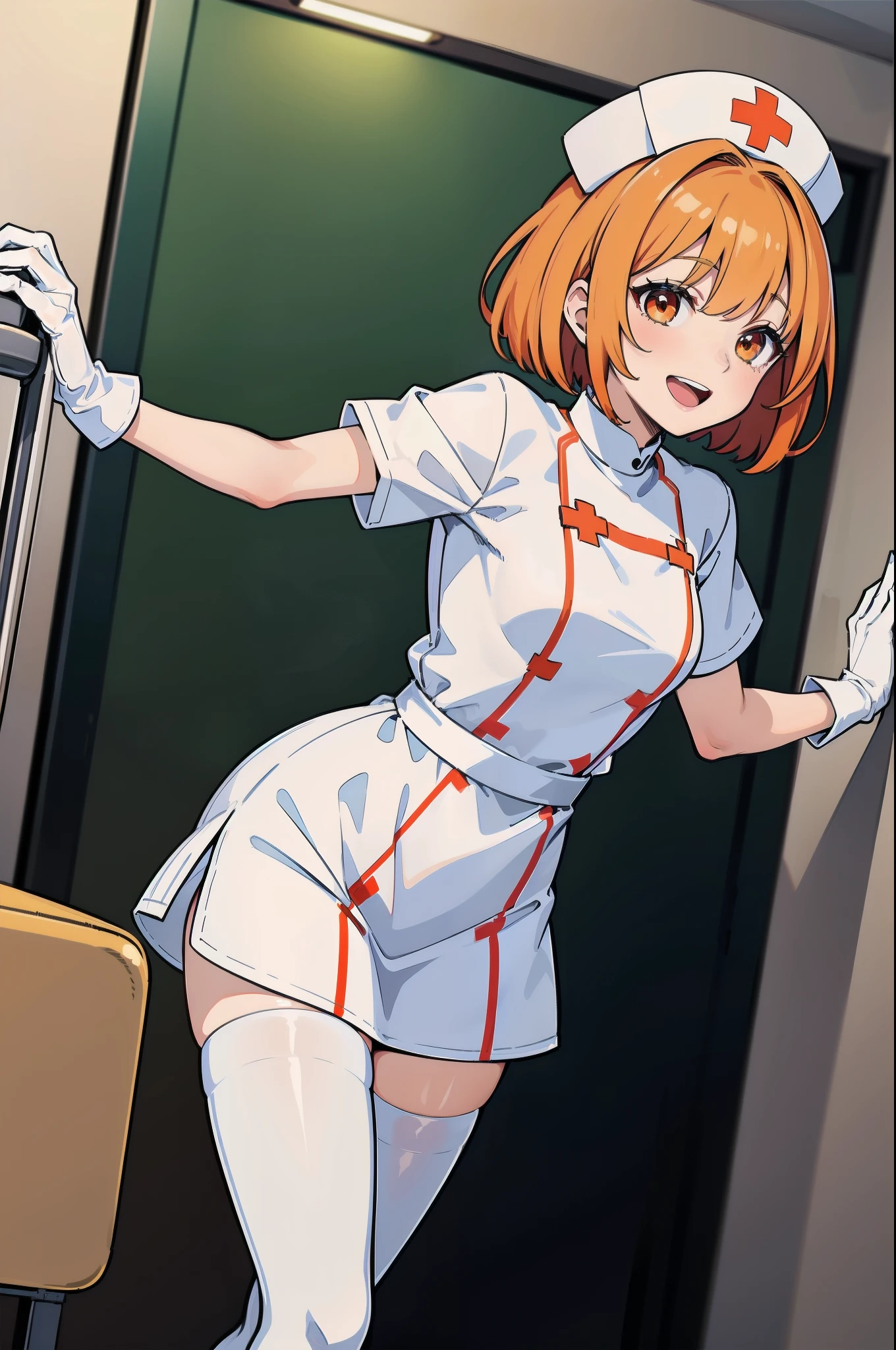 1girl, solo, nurse, nurse cap, white wear, ((white legwear, zettai ryouiki)), white gloves, very short hair, orange hair, smile, open mouth, standing, ((hospital room)), sharp outline, short sleeves, tomboy, boyish, best quality, masterpiece