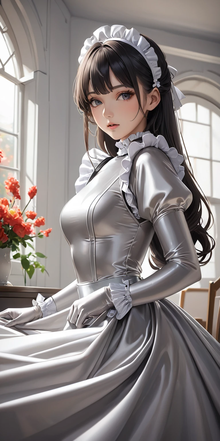 Portraiture、(masterpiece,Highest quality,Ultra-high resolution),Japanese women, (((Very beautiful 25 year old girl)))、She is wearing a shiny light silver satin long sleeve maid outfit..、The dress has a simple design without any patterns...、The skirt is a long skirt with frills.、Satin Gloves、((Satin bodysuit))、Bright room