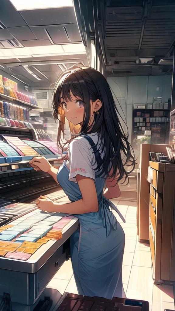 young woman,Facing forward,smile,((Standing inside the cash register)),Touching the cash register machine,Customer Service,((There is a cash register on the table)),(Scanning product barcodes at the cash register)),Supermarket clerk,Wearing an apron,((Working as a cashier)),((Cashier)),((cashier,register,)),((Receive money from customers)),There are products on the shelves,In the supermarket,Bright interior