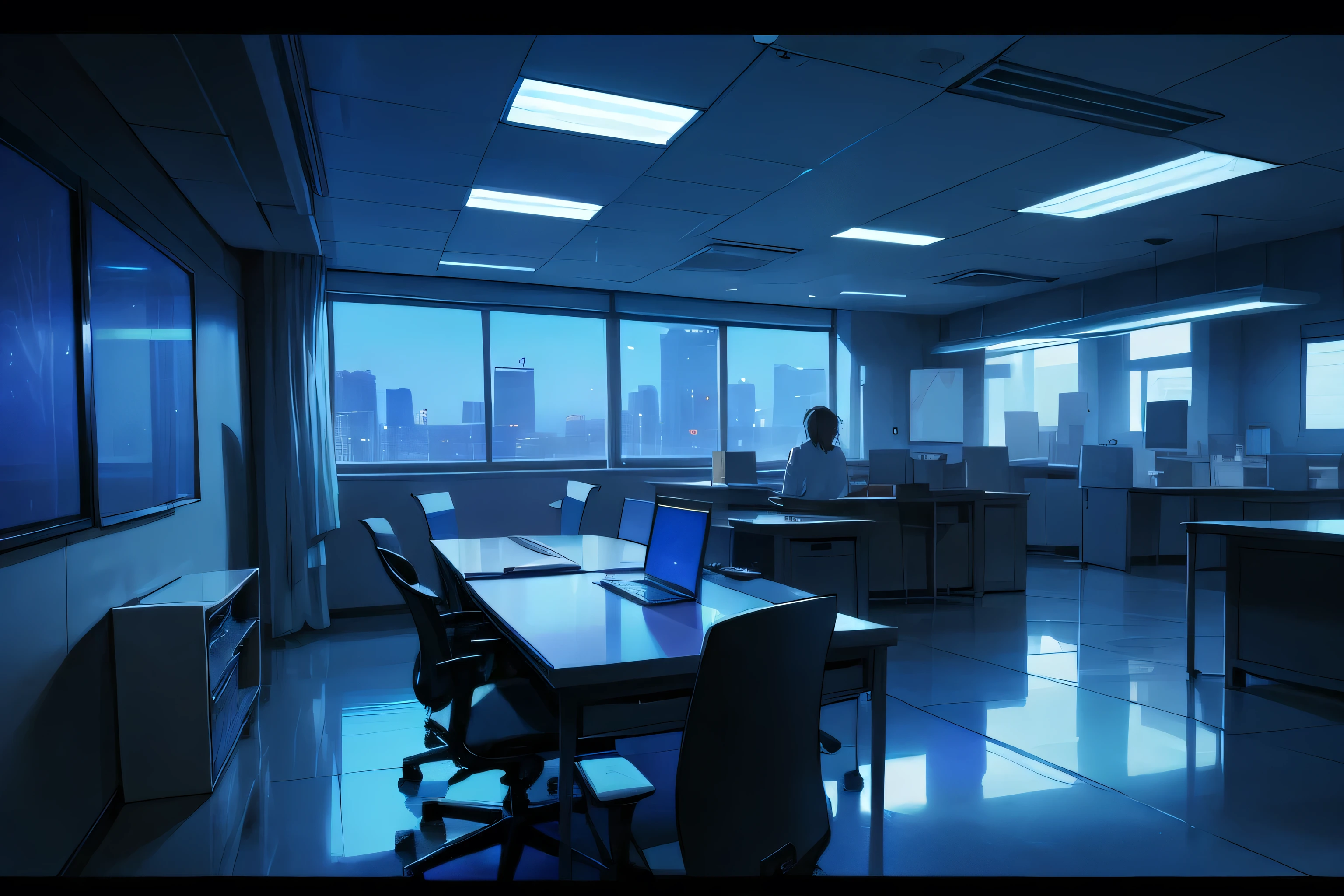 An office with blue lights, professional, elegant, anime style
