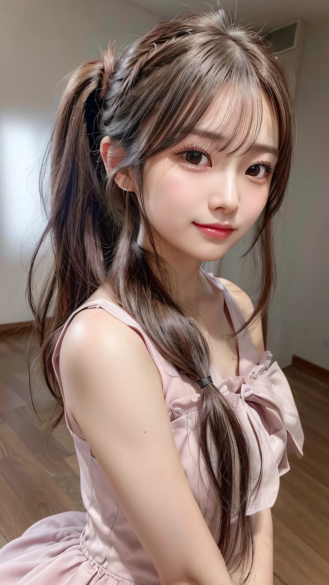 Bust Shot,Commercials for luxury cosmetics style,Commercial filming studio,The background is all gray,wearing a pink dress,Pink Sleeveless Dress Style,Frilly dress,ruffled edges, layered,Accessories: Flower hairpiece, ribbon, fitted body,Ultra-detailed, finely detail, hight resolution, 8K Wallpaper, Perfect dynamic composition, Beautiful detailed eyes,Blushing,Facing forward,Long hair ponytail,((8k, Raw photo, Best Quality, Mastepiece:1.2), (Realism, Photorealistic:1.4), (Highly detailed 8K wallpapers), Depth of written boundary, Cinematic Lighting, Soft Light, Detailed Beauty Eye,Shiny and smooth light brown ponytail, Asymmetrical bangs, Shiny skin, Ultra-detailed skins ,It is high resolution., High detail, Detailed hairstyle, Detailed facial beauty, Hyper-realistic, Perfect limbs, Perfect Anatomy ,1 Japanese girl,Famous Japanese Idols, Perfect female body,A shy smile,Short eyelashes,Double-edged eyelids,Look straight here,Hair style: ponytail,