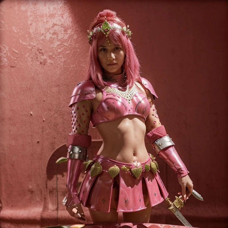 A Strawberry Knight (female, strawberry like face, strawberry themed and decorated plate mail (electric pink tint), strawberry decorated sword) standing at attention by the pineapple king, fruit salad city medieval themed
