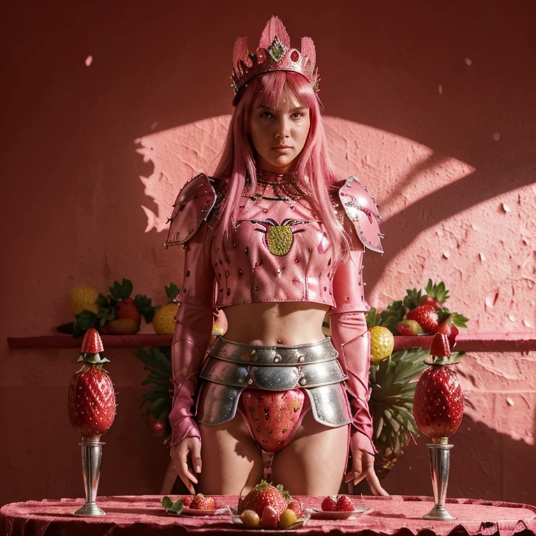 A Strawberry Knight (female, strawberry like face, strawberry themed and decorated plate mail (electric pink tint), strawberry decorated sword) standing at attention by the pineapple king, fruit salad city medieval themed