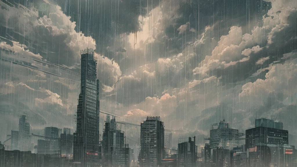 天空Clouds，Clouds:1.8,Looking up，rain，Heavy rain，Cold，Heavy rain，cloudy day的云，Black clouds，Cool colors，Lack of light，cloudy day，Telephoto，Simple colors，A city in a rainstorm:0.3