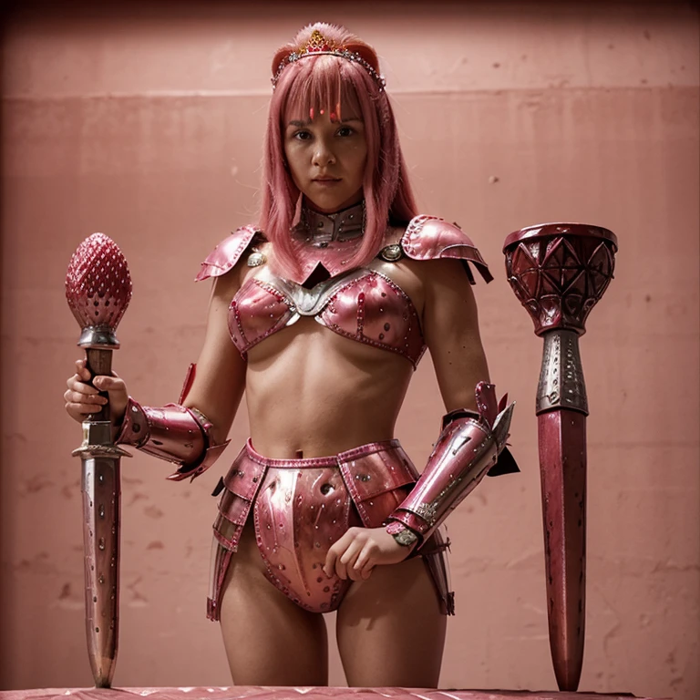 A Strawberry Knight (female, strawberry like face, strawberry themed and decorated plate mail (electric pink tint), strawberry decorated sword) standing at attention by the pineapple king, fruit salad city medieval themed