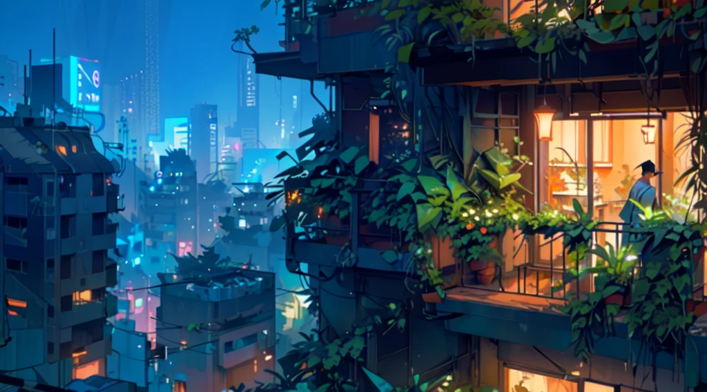 there is a balcony with plants on it overlooking a rainy city, in a tropical and dystopic city, rio de janeiro in an anime film, overgrowth. by makoto shinkai, bladerunner apartment, inspired by Liam Wong, urban concept art, lush foliage cyberpunk, hd anime cityscape, zootopia concept art, octane render. by makoto shinkai