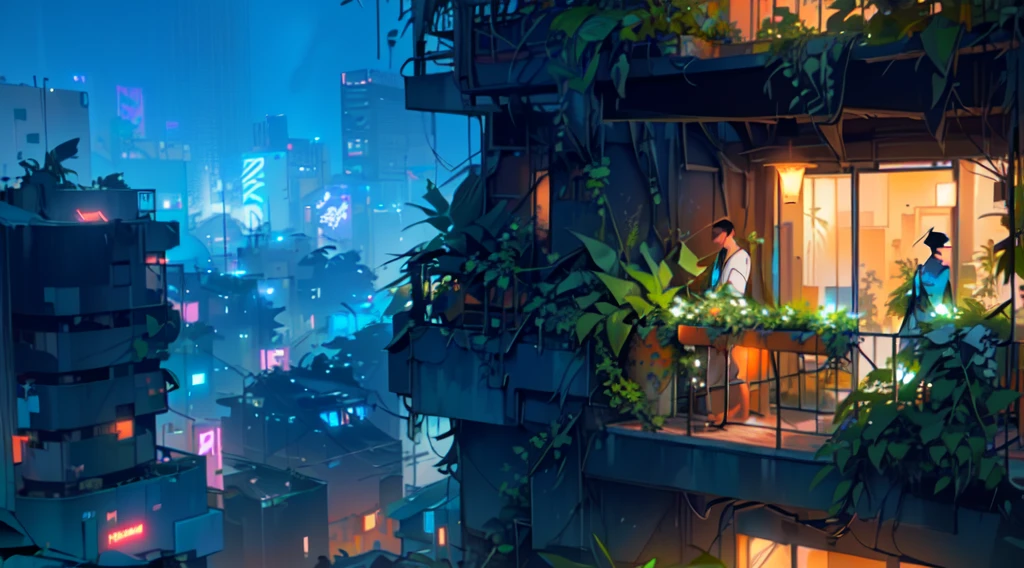 there is a balcony with plants on it overlooking a rainy city, in a tropical and dystopic city, rio de janeiro in an anime film, overgrowth. by makoto shinkai, bladerunner apartment, inspired by Liam Wong, urban concept art, lush foliage cyberpunk, hd anime cityscape, zootopia concept art, octane render. by makoto shinkai