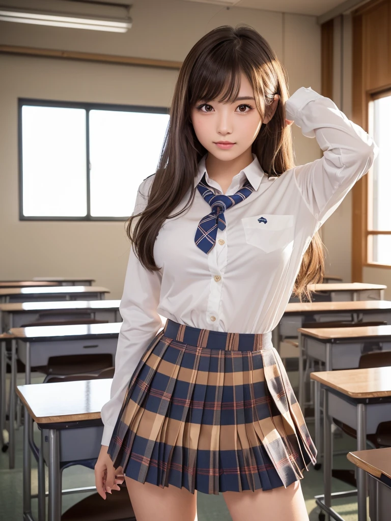 Product quality,1 girl,Cowboy Shot,Front view,Young and pretty girl in Japan,Daytime, ((High school classroom:1.2)),Schoolgirl uniform,blazer,wear,wear a super short blue plaid pleated micro mini skirt,No underwear,Very cute face,Glossy Lips,Double eyelids on both eyes,(Natural Makeup),shiny smooth light brown long hair,,,Asymmetrical bangs,Center image,8k resolution,Attention to detail,Detailed hairstyle,Detailed face,Cinema Lighting,Octane Rendering,Ultra-realistic,Perfect limbs,Beautiful legs,Voluptuous thighs,Huge breasts,Perfect Anatomy,Spread your legs,((Provocative dynamic pose)),Skirt flip, Pricing Caution,(Spreading pussy:1.5)