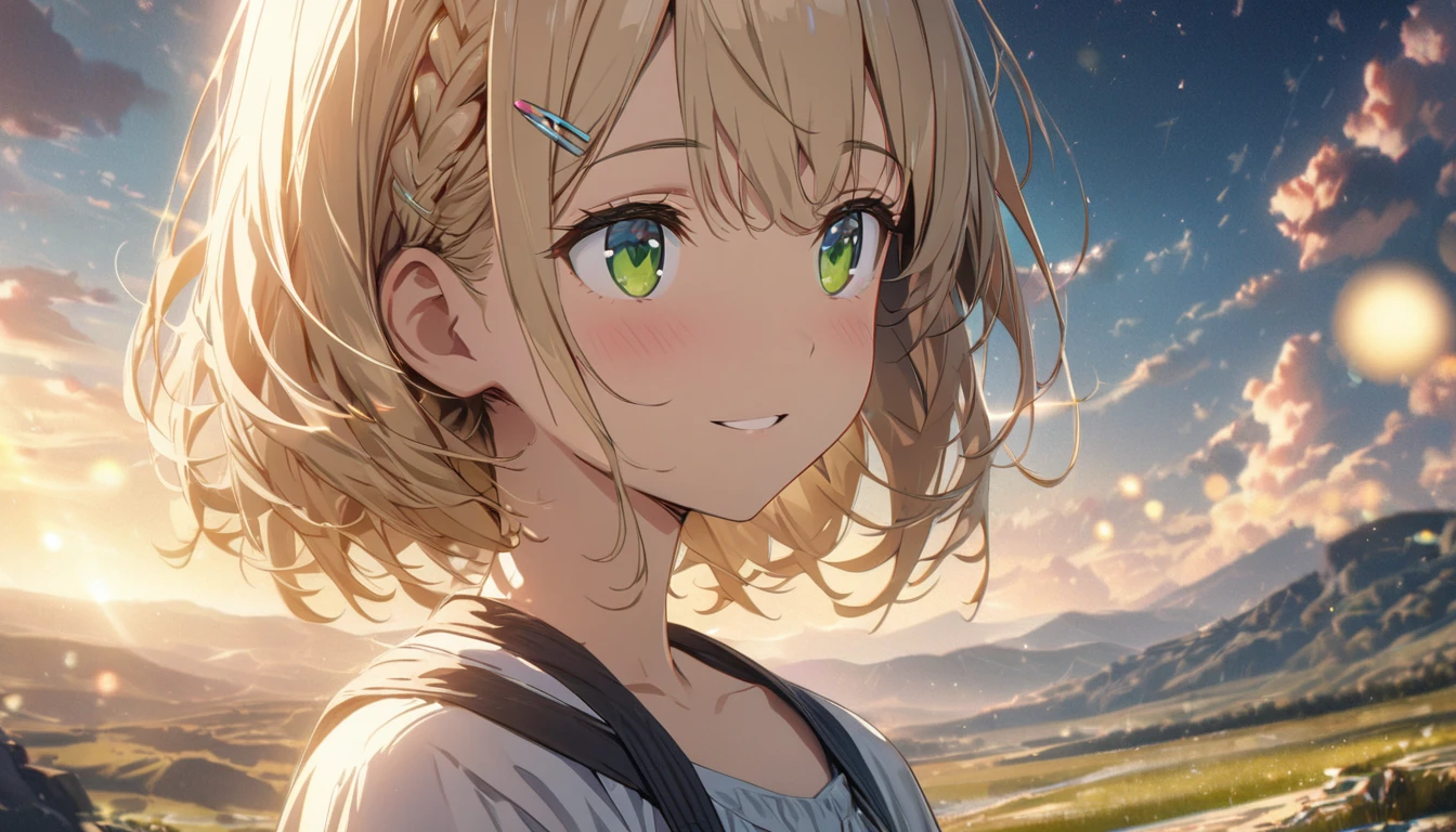 one girl, blonde short hair and bob hair、a braid, I tied my hair in a bun with a hair clip..、beautiful green eyes、smile、gentle smile on her face、flat chest, one Beautiful girl,((masterpiece, illustration, best quality) ((ultra-detailed)) ,close view, shining sky, vast world, girl, gazing, awe-inspiring expression, distant horizon, clouds, high hill, natural beauty, inspiration, light effects,,濃い青とBeautiful Blueのグラデーション, High resolution, 8K HD detail, hyper-detail, cinematic, surrealism, soft light, deep field focus bokeh, ray tracing and surrealism. --v6, she's the only person in the image