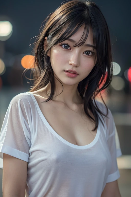 Random Pause, Mix 4, (8k, Original photo, Highest quality, masterpiece: 1.45), (Actual, Vibrant: 1.37), Skinny Japanese woman, One girl, charm, City view, night, rain, Wet, Professional Lighting, Photon Mapping, Radio City, Physically Based Rendering, Gradient black hair, Short Curly Hair, good looking, girl, The T-shirt is see-through,Torn clothes、 High resolution, 1080P, (Beautiful Face), (Detailed facial depiction), (Detailed description of the hand), (Detailed CG), Extreme light and shadow, Messy Hair, Lots of details, (exquisite features), (Highest quality photos), (Beautiful Eyes), Look in front of you, Thin clavicle,Athletics