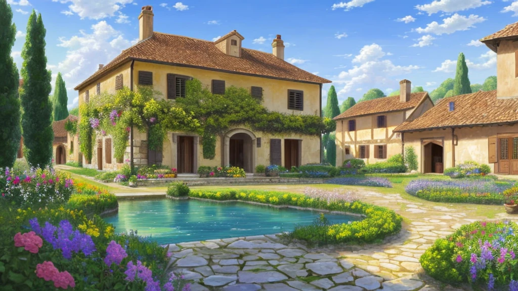 (manor), building, (wine), (garden), Italy, village, clean, masterpiece, Paved road, Highest quality, (Realistic, Painting Style), blue sky, cloud