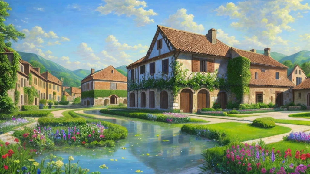 (manor), building, (wine), (garden), Italy, village, clean, masterpiece, Paved road, Highest quality, (Realistic, Painting Style), blue sky, cloud