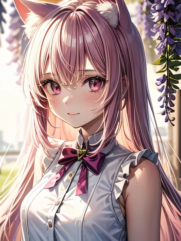 One girl, alone, Cute girl with pink hair, Pink Eyes, Wisteria flower background, Soft natural light, Cat ear, Sleeveless white shirt