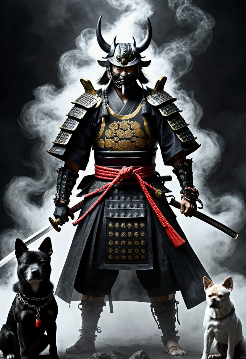 a stunning japanese samurai in demon mask, full body, katana, holding chained evil dogs, dark painting, dark fantasy, mist, dust, monochrome, best quality, 4k, 8k, highres, masterpiece:1.2, ultra-detailed, realistic, photorealistic:1.37, HDR, UHD, studio lighting, ultra-fine painting, sharp focus, physically-based rendering, extreme detail description, professional, vivid colors, bokeh