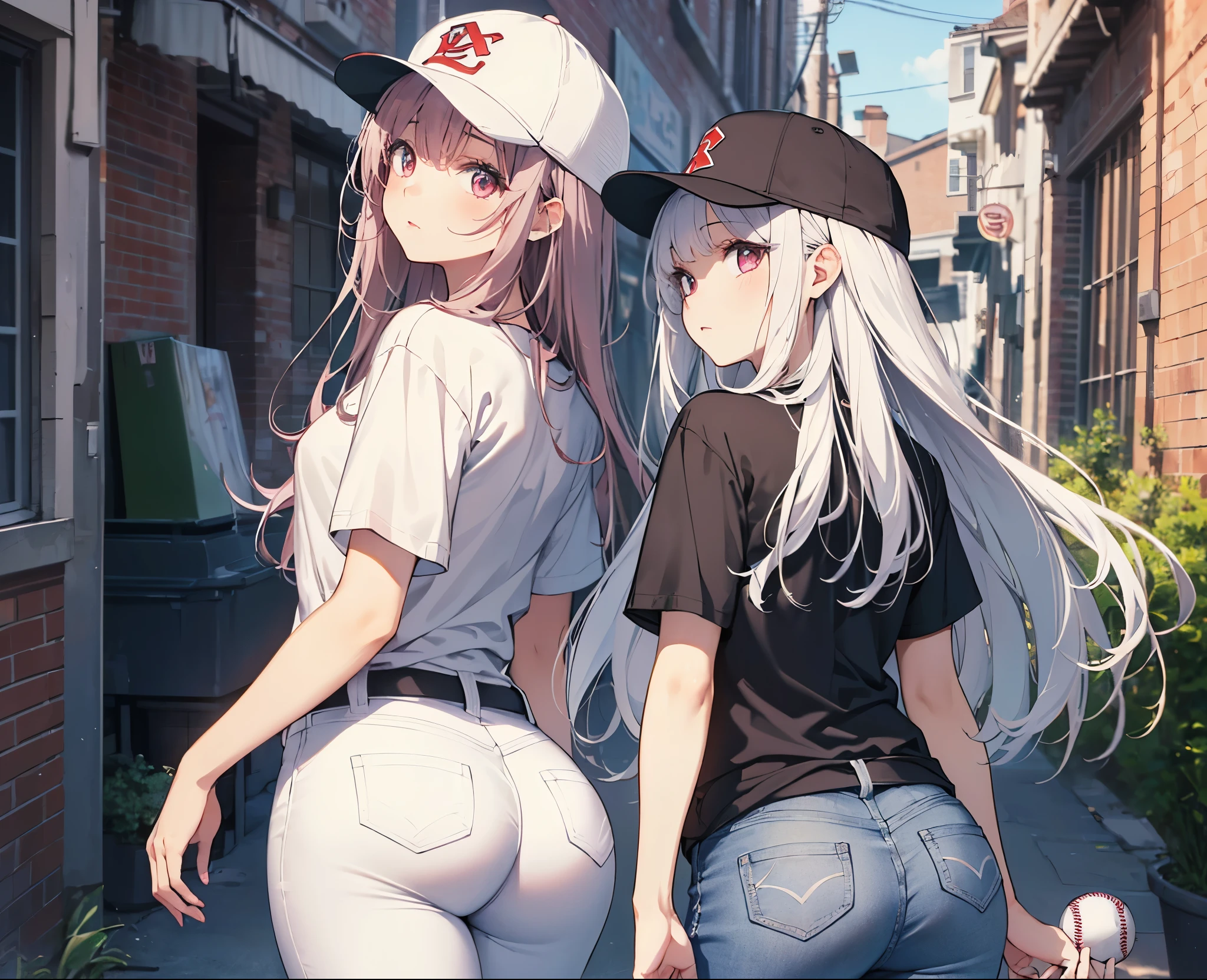 (Close-up:1.3),Realistic,Highest quality, Super detailed, High-quality CG rendering, The most delicate and beautiful, Floating softly, High resolution, (1 girl), (Highest quality,4K,8k,masterpiece:1.2), Light purple hair,(quite long hair:1.5),Red eyes,(Pure white oversized short sleeve T-shirt:1.3),(Black skinny jeans:1.3),(Pure white baseball cap:1.3),In the city,old buildings,Narrow back alley,(Turn your back to your audience:1.3),Butt