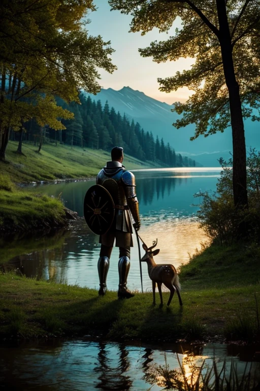 A knight at a lake with a small deer-like creature in the night.