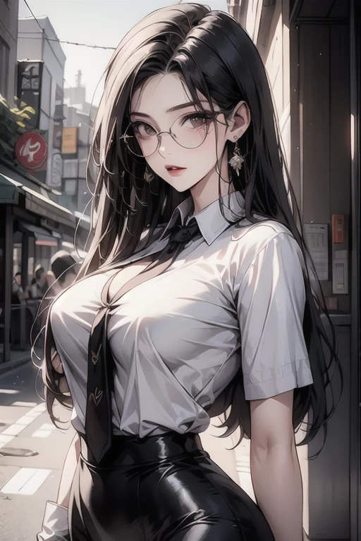 highest quality, masterpiece, high resolution,only {Black business suit:1.40} {tie:1.20} {sunglasses:1.25} {White gloves:1.15} { White shirt:1.10} {Black Skirt:1.15} good looking {Medusa_FGO:1.15} length_hair, Red_hair, very_length_hair, purple_eye, chest, big_chest, 1girl, solo, white background, Street backdrop, upper body, looking at viewer, bare arms, folded arms, หน้าหยิ่ง