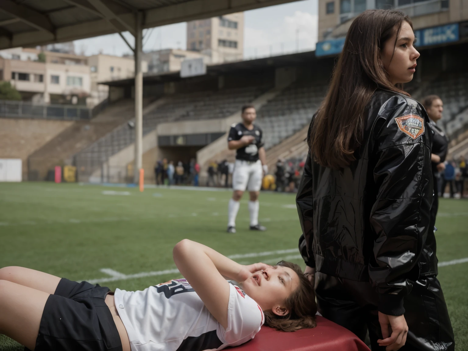there lies a young injured athlete on a stretcher on a field after a foul, a highly attractive middle-aged woman wearing a high-gloss patent leather jacket, a long-haired middle-aged woman wears a high-gloss down jacket, A middle-aged woman in a shiny down jacket carries a stretcher on a sports field, sad scene, very sad, football hooligans, clip stadio, person in foreground, over-shoulder shot, intense scene, real shot, von Francesco Raibolini, dramatic scene, aesthetic shot, on ground, a long-shot, dramatic shot, breathtaking shot, realistic shot, candid shot