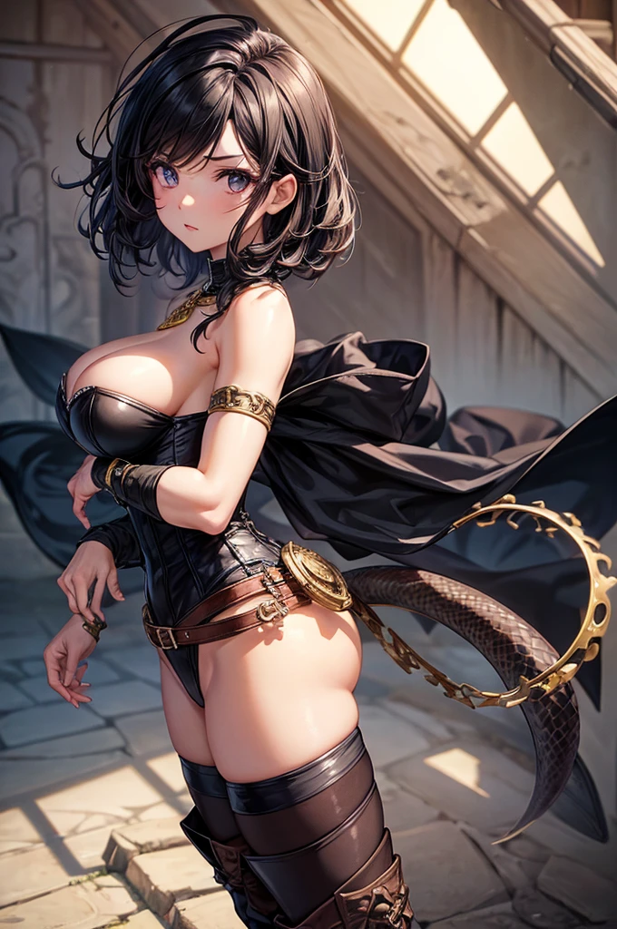 Game art design, Octopath Traveler 2, 1 girl, serpent throne, (One:1.4), (Behind:1.4), 1 girl, black hair, big breasts, split, sheer bare ass, thick bare thighs, thin waist, clavicle, a corset, Purple clothes, dagger, high heel boots, Jewelry, knee high boots, NECKLACE, short hair poncho, side slit, dynamic pose, very detailed face and eyes, absurd, Beautiful shade and lighting, ambient occlusion, shady alley background