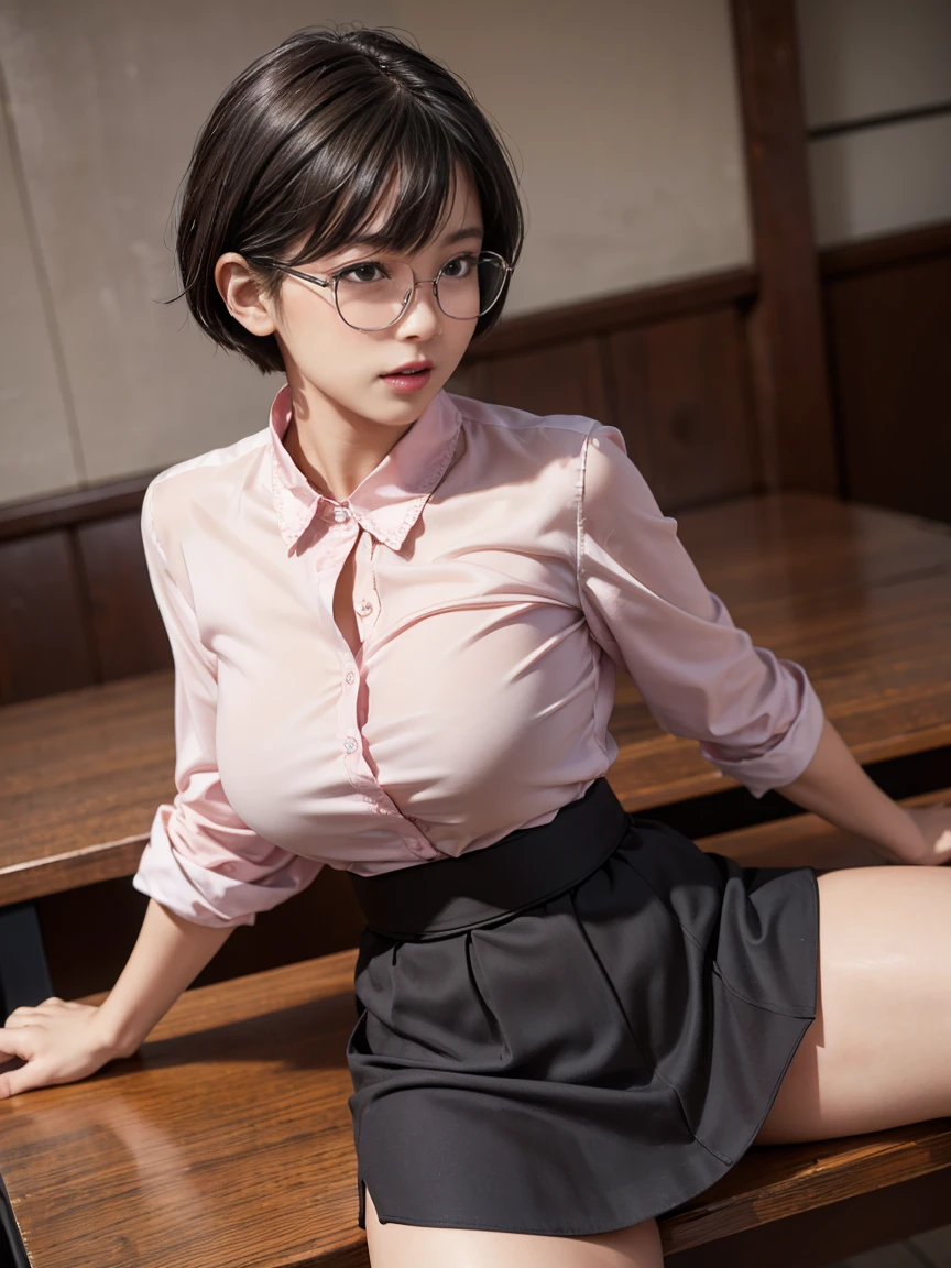 in a library, a 40 year old Japanese woman, wearing gray formal pants, wearing a white long-sleeved dress shirt, face perfect, wearing a round glasses, short-hair, perfect waist, very big tits, perfectbody, She is sitting at a table, wearing a bow around the neck, Realistic images, gazing at viewer 
