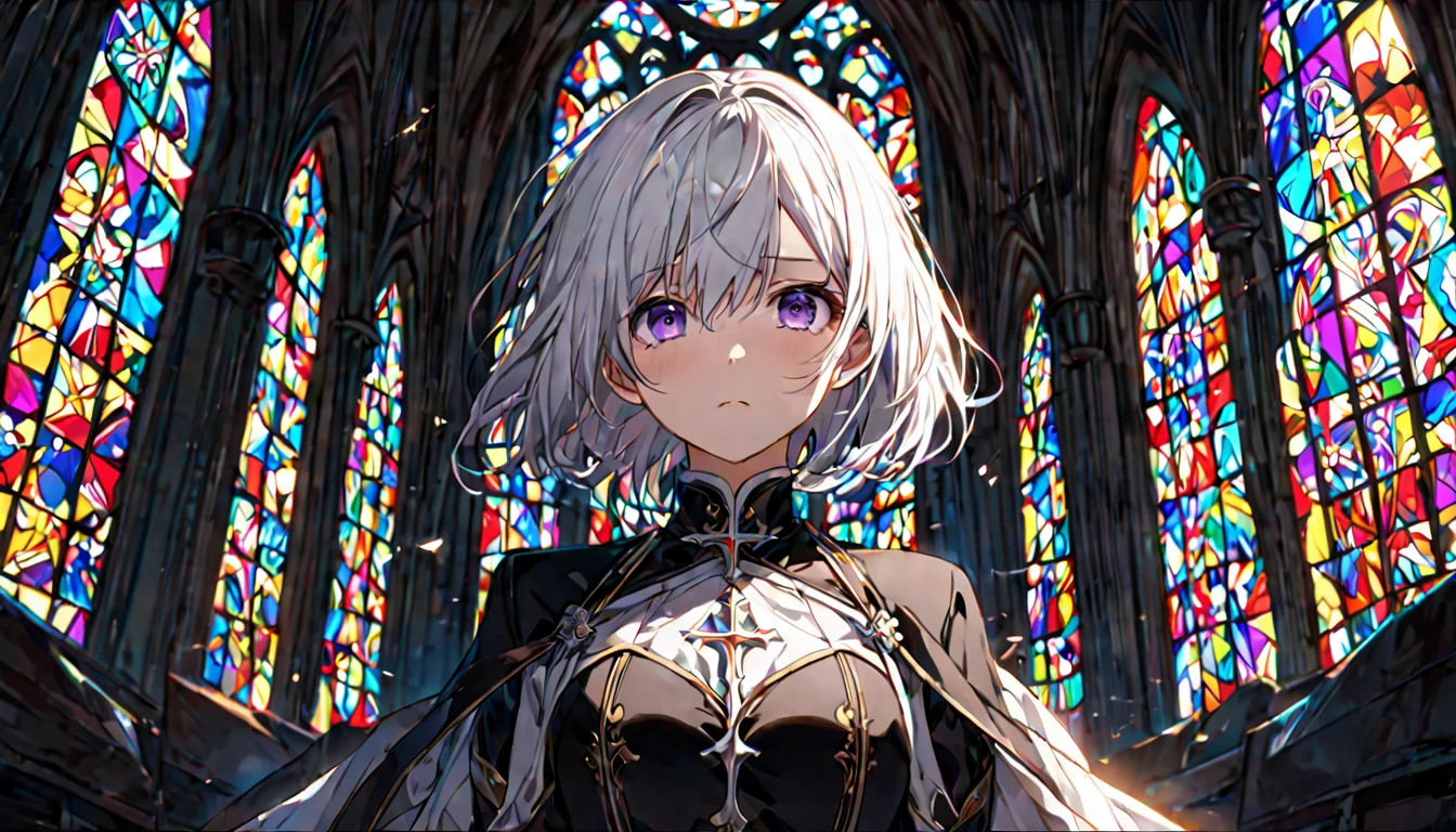 **175. One person。Dramatic confrontation scene。girl。Cowboy shot or close-up。masterpiece, best quality, ultra detailed (Detailed fingers), (Emotional), (main part: 1.2 Whole body。), (Anime Style), (Very detailed), (超High resolution, High resolution), (8k), (High resolution: 1.2), (Complex and beautiful: 1.2)** - background: Inside the old church、Light shines through stained glass。 - girl: A delicately drawn black executive-style dress、Dark purple eyes and short white hair。Holding a sword in one hand。 -pose: Stop in the center of the church、He looks at me with a slightly sad look in his eyes.。Sadly, he holds his sword。 -expression: A cold-hearted expression with a hint of sadness、The gaze seems to recall the church's past.。 - Effects: The stained glass light shines on her、Create colorful shadows。 -color: The vibrant colors of the stained glass contrast with the black dress for a dramatic effect.。