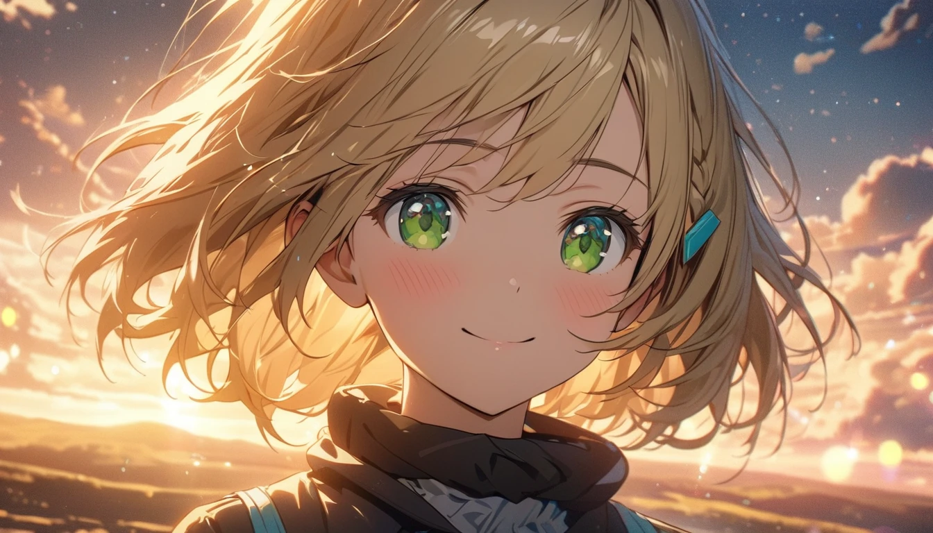 one girl, blonde short hair and bob hair、a braid, I tied my hair in a bun with a hair clip..、beautiful green eyes、smile、gentle smile on her face、flat chest, one Beautiful girl,((masterpiece, illustration, best quality) ((ultra-detailed)) ,close view, shining sky, vast world, girl, gazing, awe-inspiring expression, distant horizon, clouds, high hill, natural beauty, inspiration, light effects,,濃い青とBeautiful Blueのグラデーション, High resolution, 8K HD detail, hyper-detail, cinematic, surrealism, soft light, deep field focus bokeh, ray tracing and surrealism. --v6, she's the only person in the image