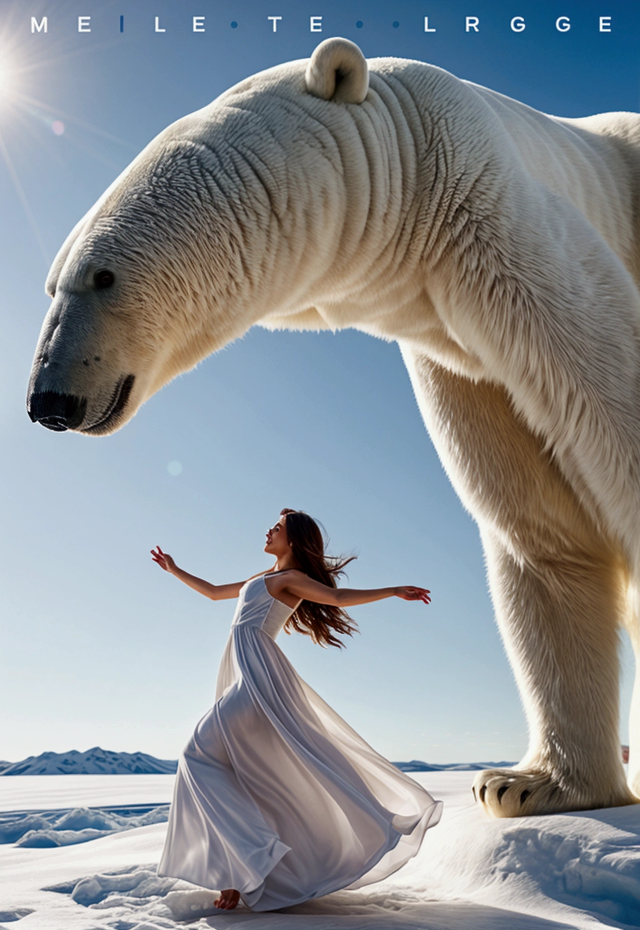 magazine cover, side view, a woman in a long dress jumping forward next to a hug polar bear with , white solid background, Leica S3, prime lens --style raw --ar 9:16 --v 6.1 --personalize i8zf419