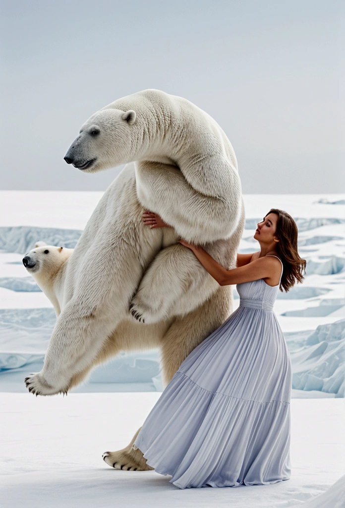 magazine cover, side view, a woman in a long dress jumping forward next to a hug polar bear with , white solid background, Leica S3, prime lens --style raw --ar 9:16 --v 6.1 --personalize i8zf419