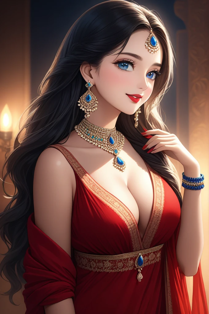 beautiful young woman, jhumka earrings, diamond necklace, long necklaces, makeup, big earrings, red lipstick, kurti, pajama, dupatta, long hair, blue eyes, cleavage, (best quality,4k,8k,highres,masterpiece:1.2),ultra-detailed,(realistic,photorealistic,photo-realistic:1.37),highly detailed portrait, intricate details, exquisite skin texture, dramatic lighting, cinematic composition, vivid colors, warm color palette, bracelet, nail polish,long nails,backless, smiling,full body view