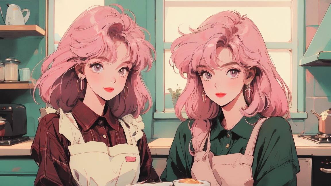 Cute Girls、Wearing a white apron, Pink Hair、In the kitchen、Making breakfast、Happy Face、smile、Night view、Detailed facial details、Hand details，Ultra HD