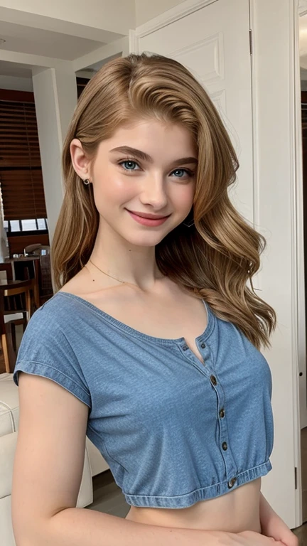 Elena Kampouris wearing sexy casual clothes and smiling