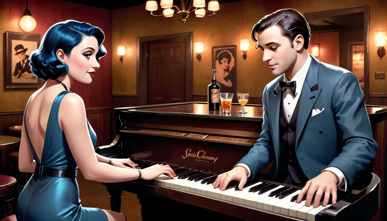 With a woman playing piano at a bar, There is a man next to me playing an acoustic guitar.，film noir jazz bar, 1 9 3 0 S Jazz Club, 1 9 2 0's Style Speakeasy, Speakeasy bar background, inspired by Art Frahm, Wayne England, film noir realistic, Cozy, dark 1920s speakeasy bar, Scott M. Fischer