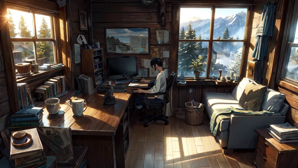 Create a cozy lofi scene in a YouTube-friendly format of a girl studying in a rustic cabin. She is seated at a wooden desk near a window, with her back turned towards the viewer, focused on her books and laptop. The cabin is warmly lit with soft, ambient light coming through the windows, showcasing a peaceful, natural landscape outside. Include cozy elements like a comfortable armchair, a soft blanket draped over a nearby chair, and a cute cat lounging nearby. Enhance the atmosphere with small details like potted plants and a steaming cup of tea or coffee on the desk, ensuring the composition suits a YouTube video background