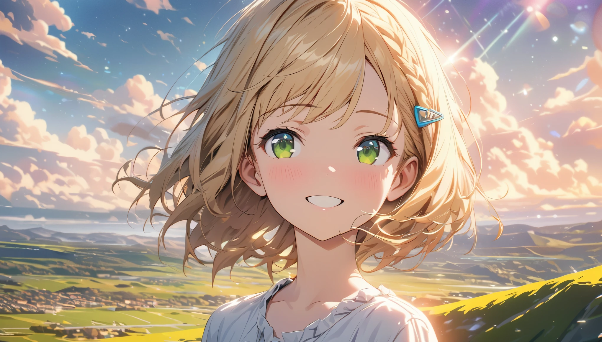 one girl, blonde short hair and bob hair、a braid, I tied my hair in a bun with a hair clip..、beautiful green eyes、smile、gentle smile on her face、flat chest, one Beautiful girl,((masterpiece, illustration, best quality) ((ultra-detailed)) ,close view, shining sky, vast world, girl, gazing, awe-inspiring expression, distant horizon, clouds, high hill, natural beauty, inspiration, light effects,,濃い青とBeautiful Blueのグラデーション, High resolution, 8K HD detail, hyper-detail, cinematic, surrealism, soft light, deep field focus bokeh, ray tracing and surrealism. --v6, she's the only person in the image