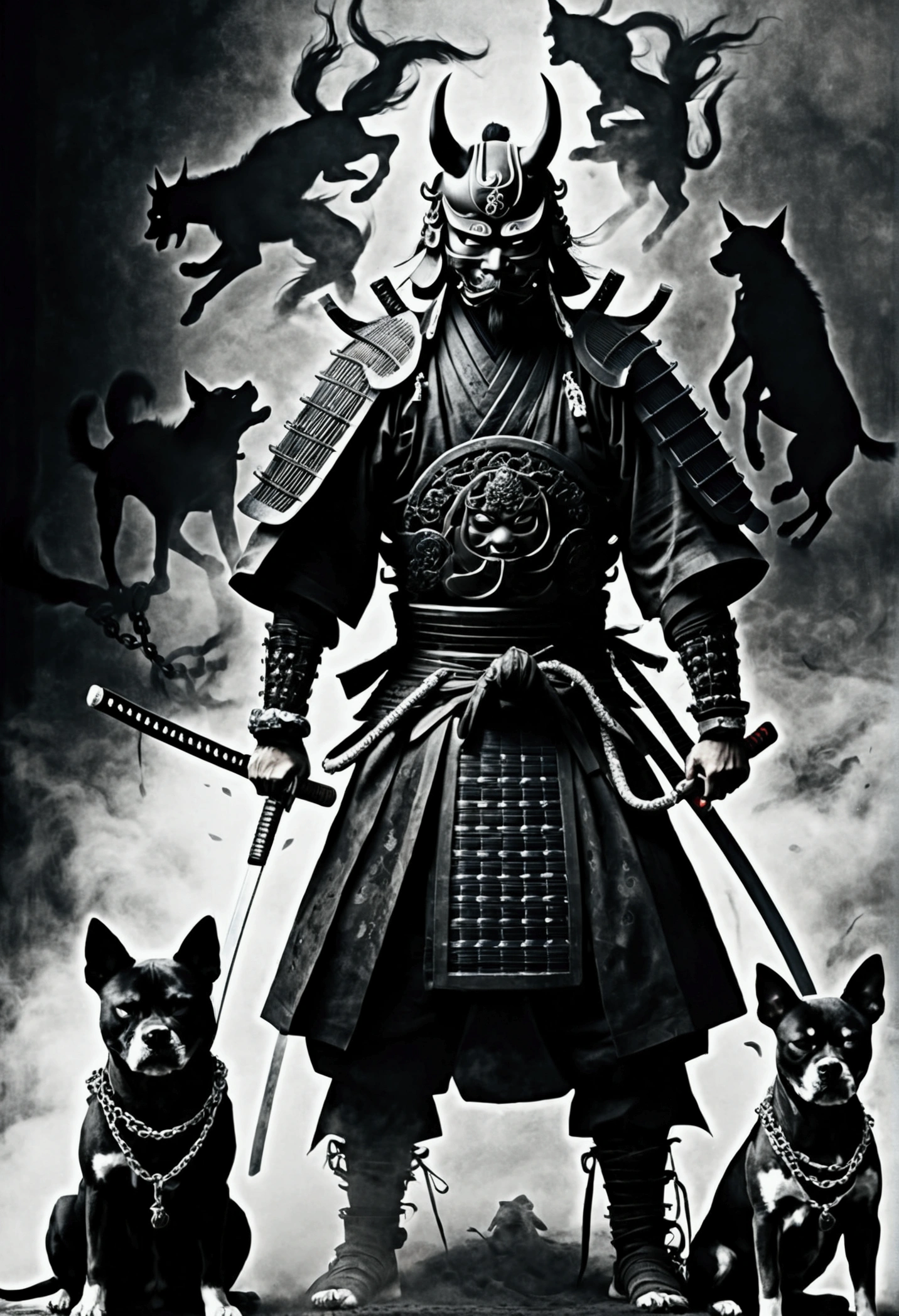 stunning japanese samurai in demon mask, full body, katana, holding chained dogs, dark painting, dark fantasy, mist, dust, monochrome? very evil dogs